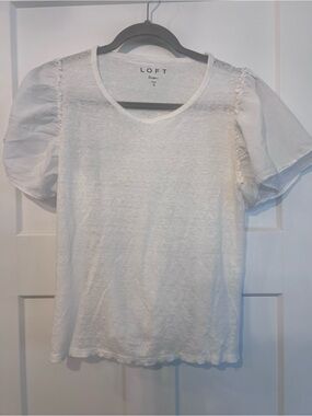 White Puff Sleeve Linen Blend Tee